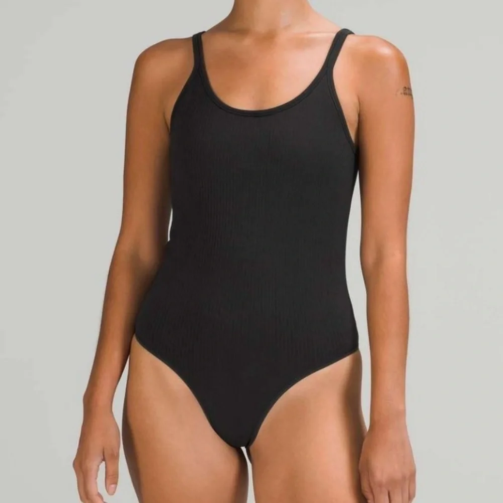 Lululemon Black Ebb to Street Bodysuit Ribbed Scoop Neck Sleeveless Tank Thong